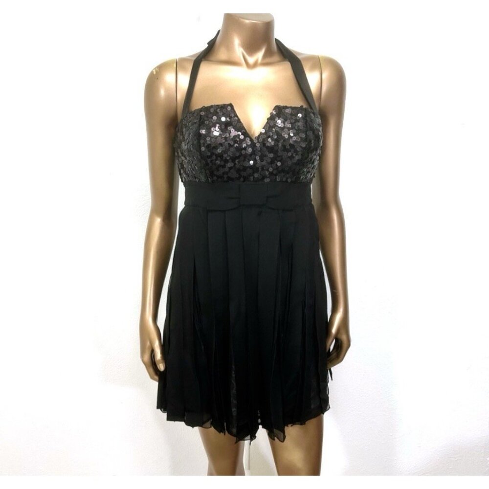 Bebe Y2K Black Sequin Halter Sequin Dress LBD Cocktail Layered Fringe Fairy Sz S